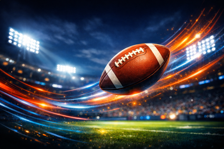 Abstract digital art of an American football flying under bright stadium lights with vibrant streaks of orange and blue representing energy.